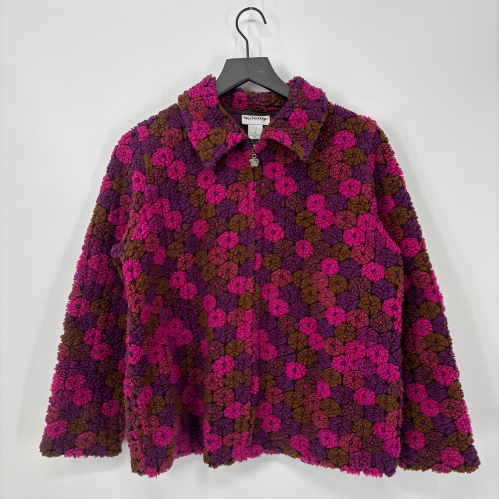 Breckenridge Fleece Jacket Womens Medium Purple Floral Popcorn Zip Up Grannycore